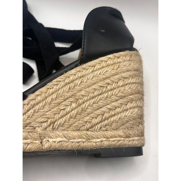 Venus Black Faux Leather Closed Toe Espadrille with Ankle Wrap Ribbon Ties - Picture 3 of 12